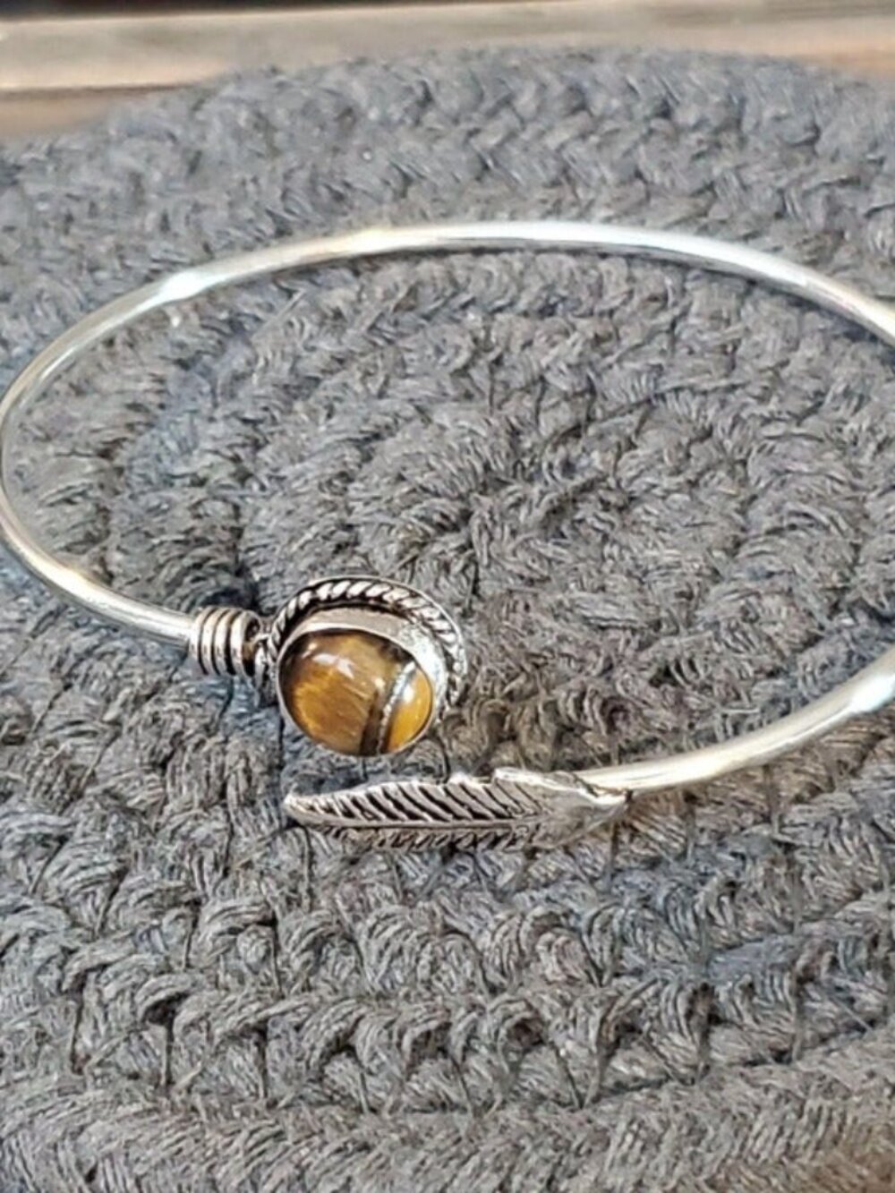Handcrafted Tigers Eye Carved Leaf Gemstone Sterling Silver Overlay Artisan Cuff